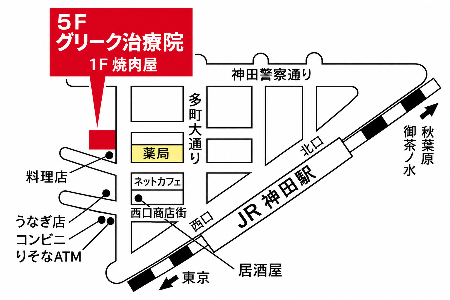 グリーク治療院までの神田駅周辺地図